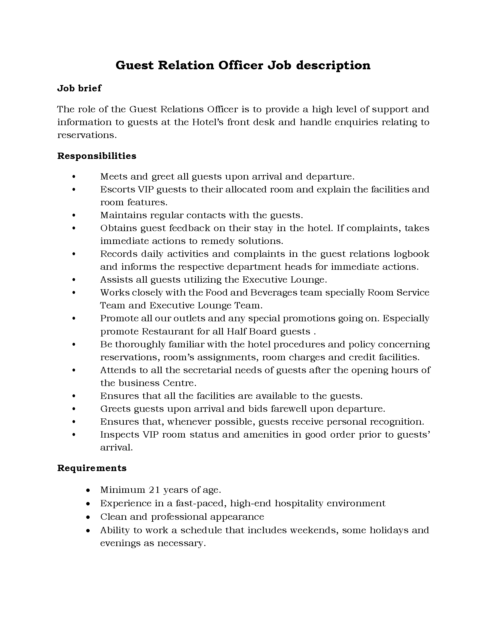 45-Guest Relation Officer Job description